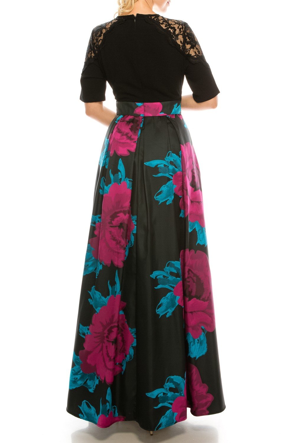 Ignite Evenings - IG3874 Lace Jewel Neck Floral Print A-line Gown In Black and Multi-Color
