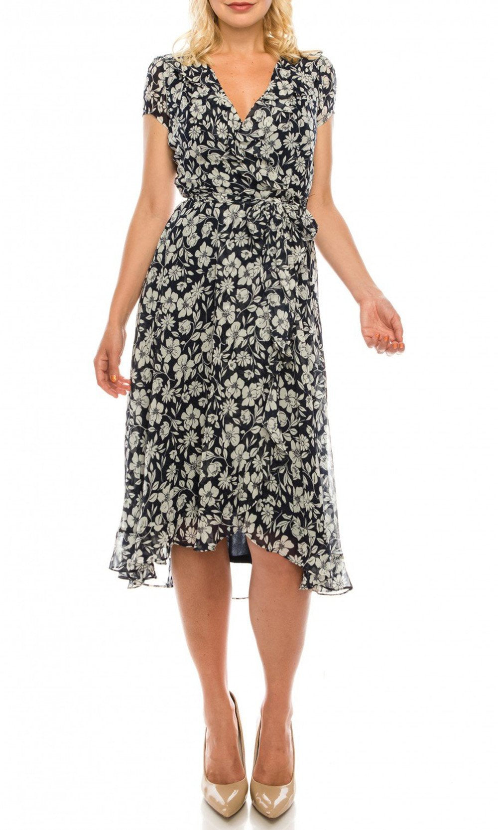 Gabby Skye - 57384MG Floral Print Ruffle Trim Chiffon High Low Dress In Blue and White