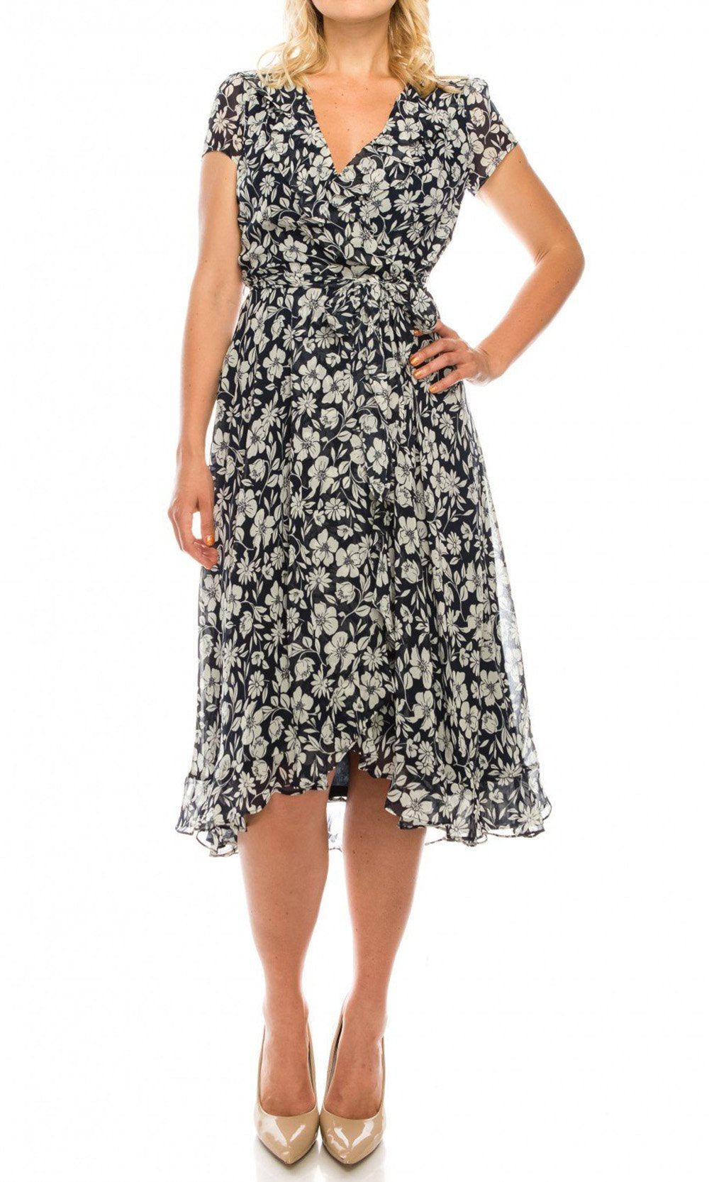 Gabby Skye - 57384MG Floral Print Ruffle Trim Chiffon High Low Dress In Blue and White