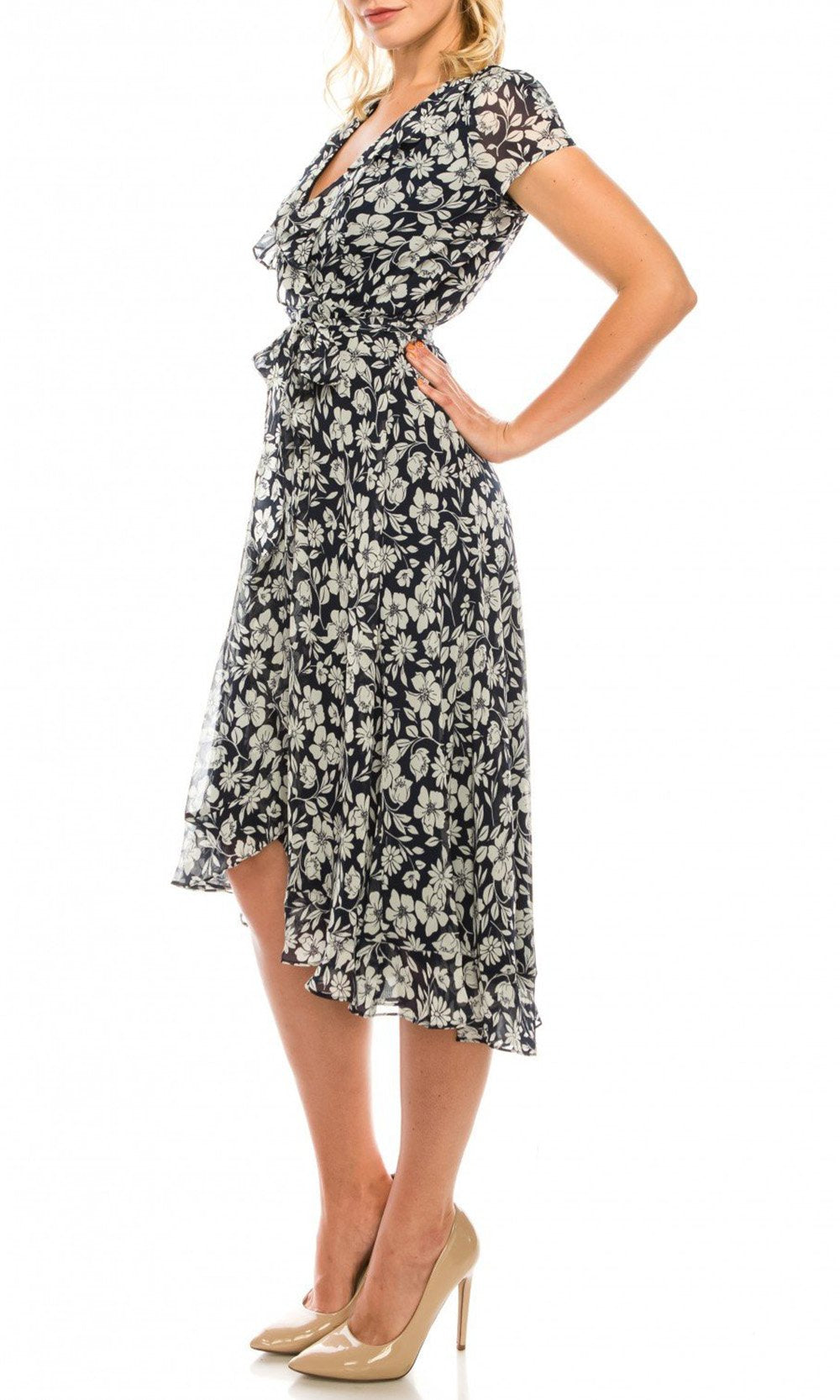 Gabby Skye - 57384MG Floral Print Ruffle Trim Chiffon High Low Dress In Blue and White