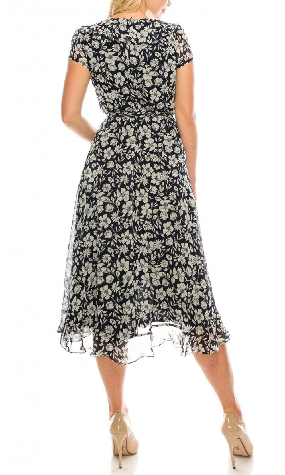Gabby Skye - 57384MG Floral Print Ruffle Trim Chiffon High Low Dress In Blue and White