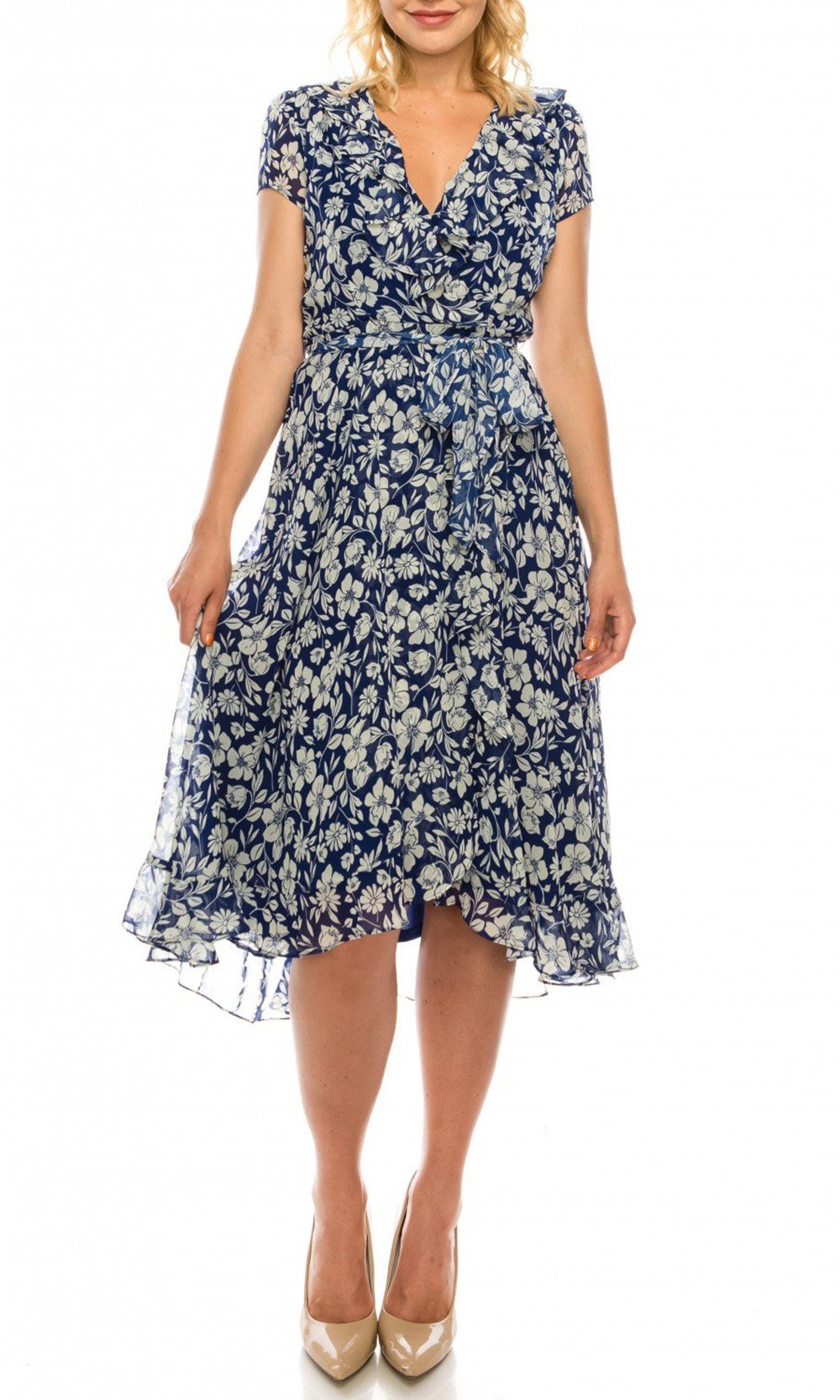 Gabby Skye - 57384MG Floral Print Ruffle Trim Chiffon High Low Dress In Blue and White