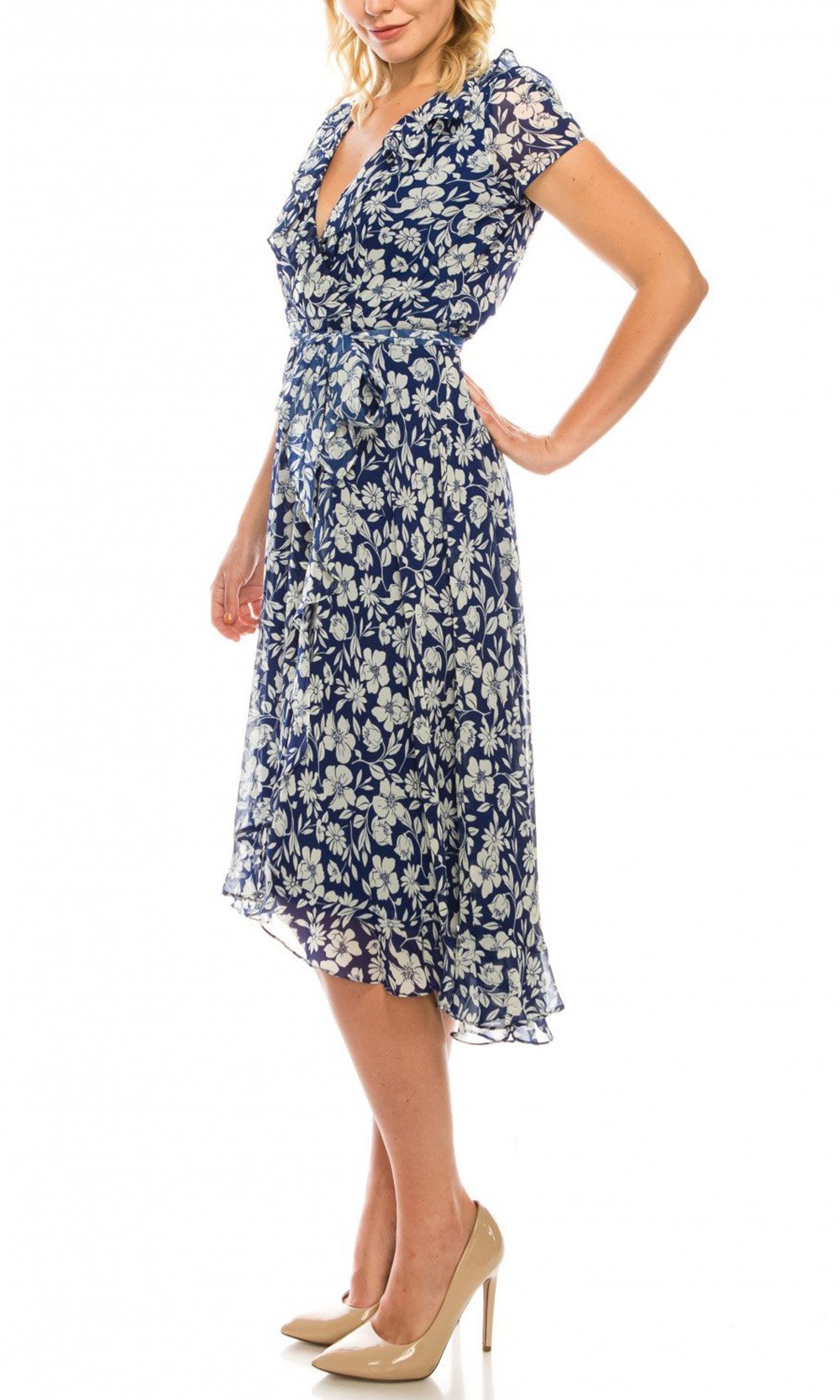 Gabby Skye - 57384MG Floral Print Ruffle Trim Chiffon High Low Dress In Blue and White