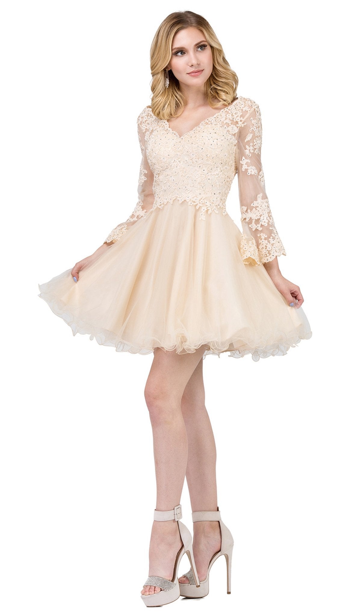 Dancing Queen Danq_3015 - Short A-Line Dress - Beaded Lace, Sheer Long Bell Sleeves, Fitted Bodice, A-Line Skirt, Curled Hemline, Open Back, Back Zipper ADASA Dancing Queen Danq_3015 - Short A-Line Dress - Beaded Lace, Sheer Long Bell Sleeves, Fitted Bodice, A-Line Skirt, Curled Hemline, Open Back, Back Zipper ADASA