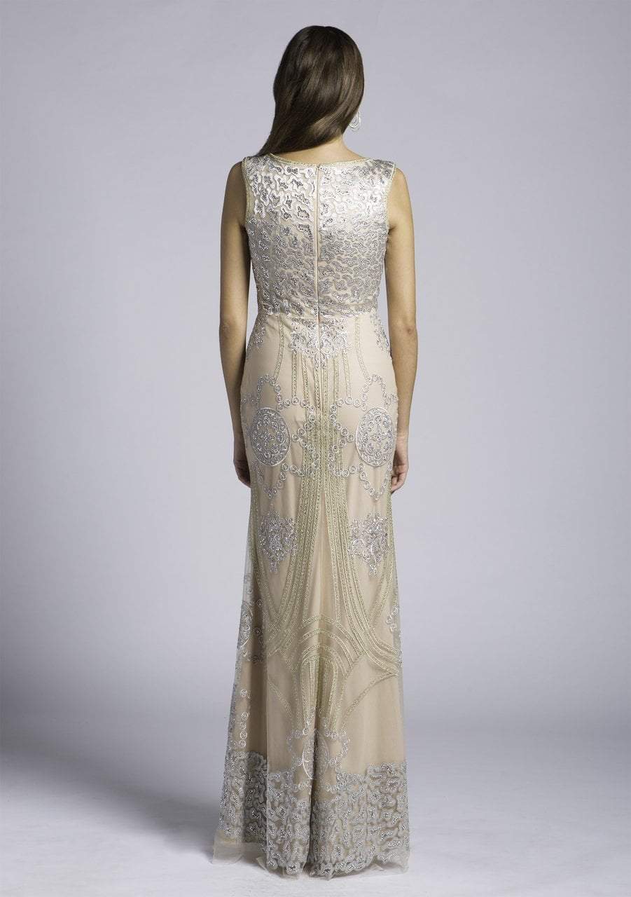Lara Dresses - 33622 Scoop Neck Embellished Sheath Gown In Silver and Neutral