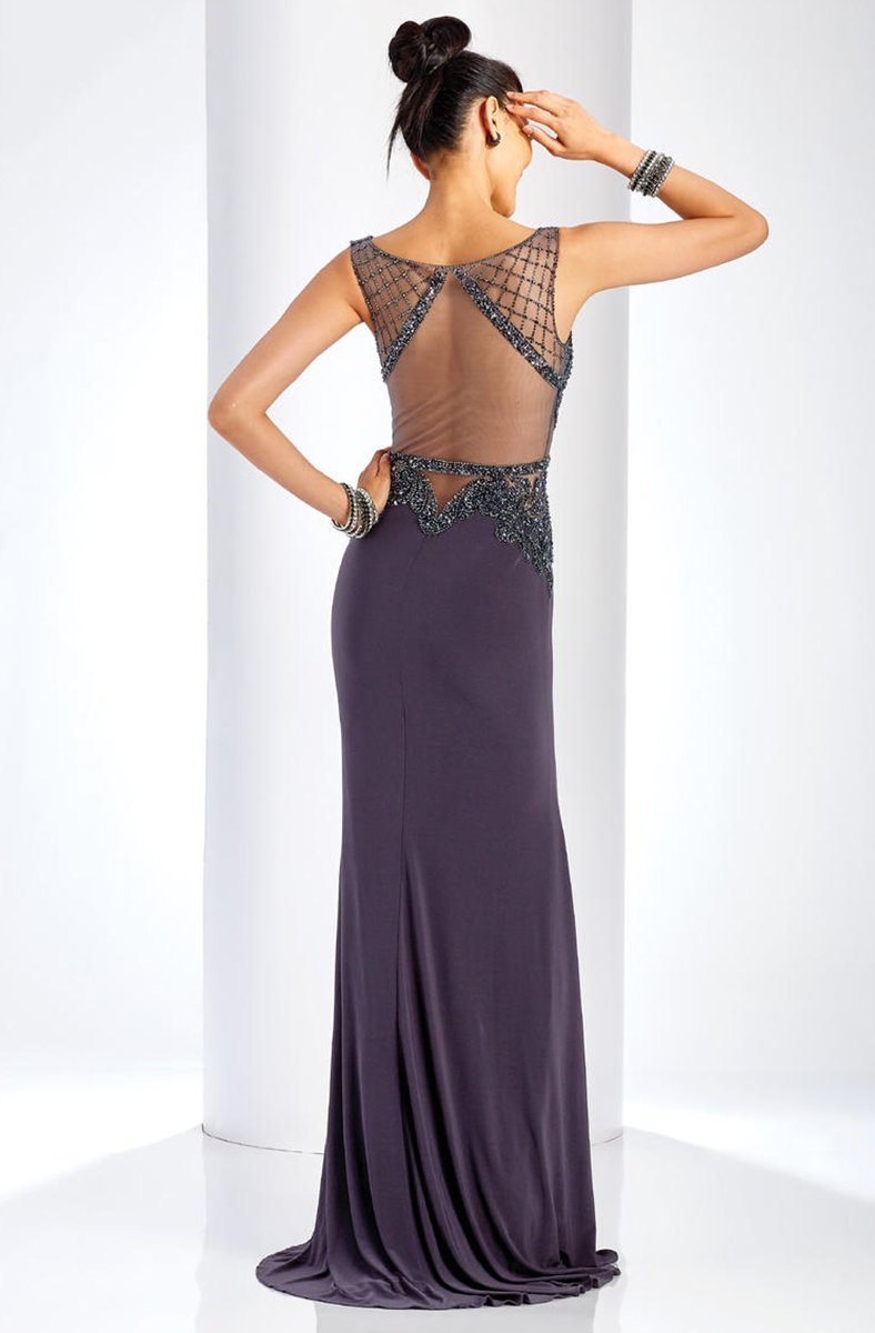 Clarisse - 3542 Embellished Sheer Sheath Dress in Gray