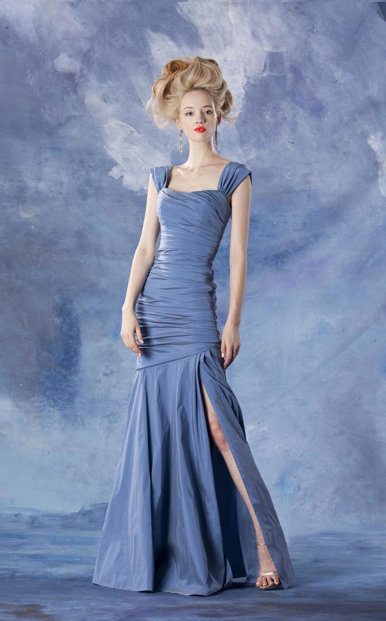 Theia - 881685 Asymmetrical Ruched Mermaid Taffeta Gown in Blue