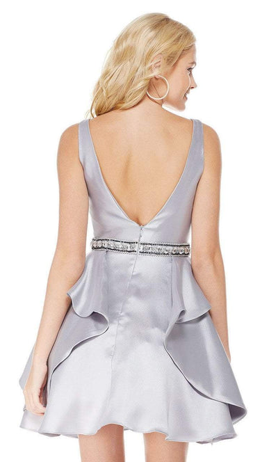 Plunging V-Neck Flounce Accented A-Line Dress in Silver