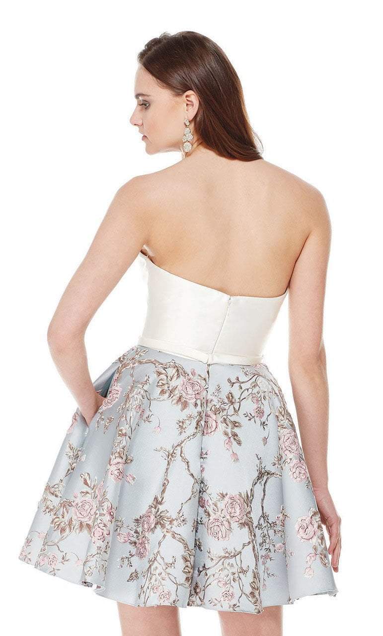 Strapless Sweetheart Floral A-Line Dress in White and Blue
