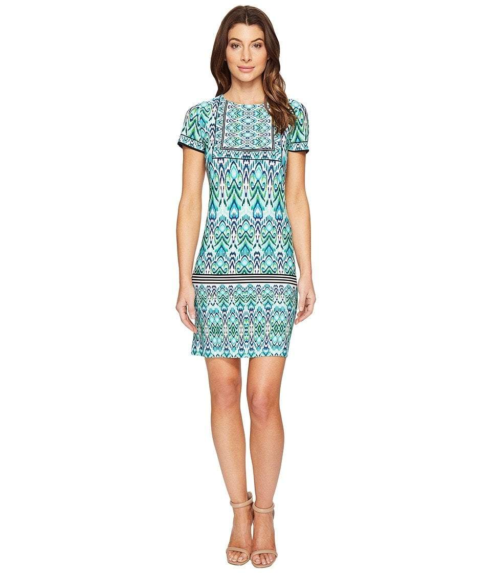 London Times - T2512M Short Sleeve Multi-Print Sheath Dress in Blue and Green