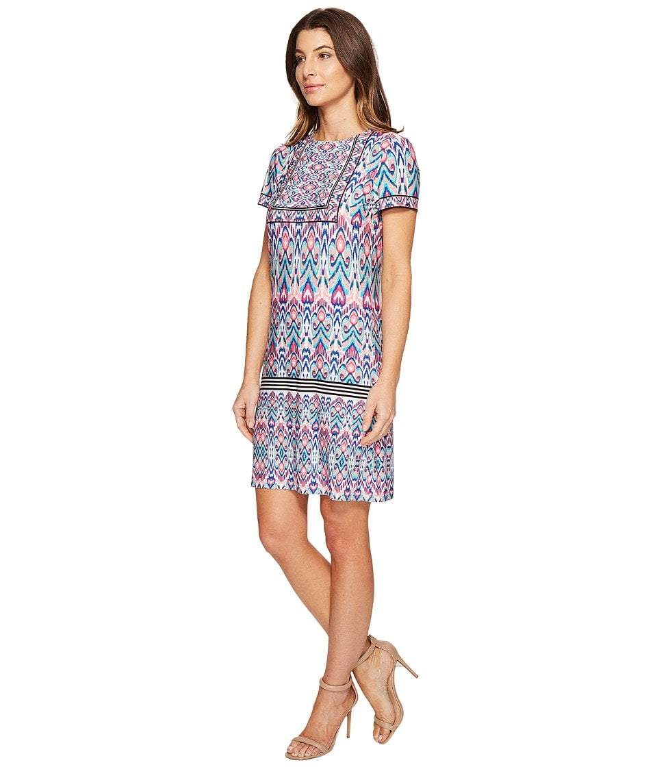 London Times - T2512M Short Sleeve Multi-Print Sheath Dress in Pink and Multi-Color