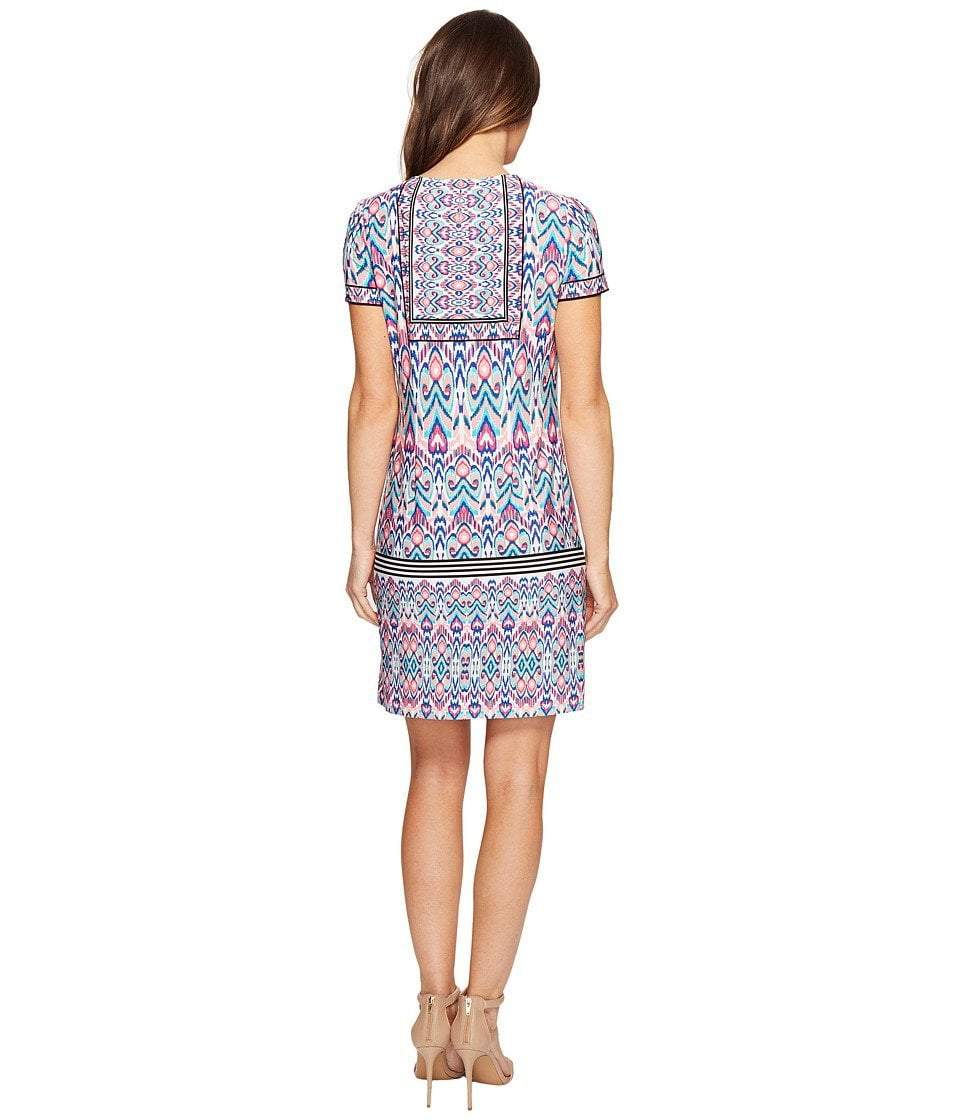 London Times - T2512M Short Sleeve Multi-Print Sheath Dress in Pink and Multi-Color