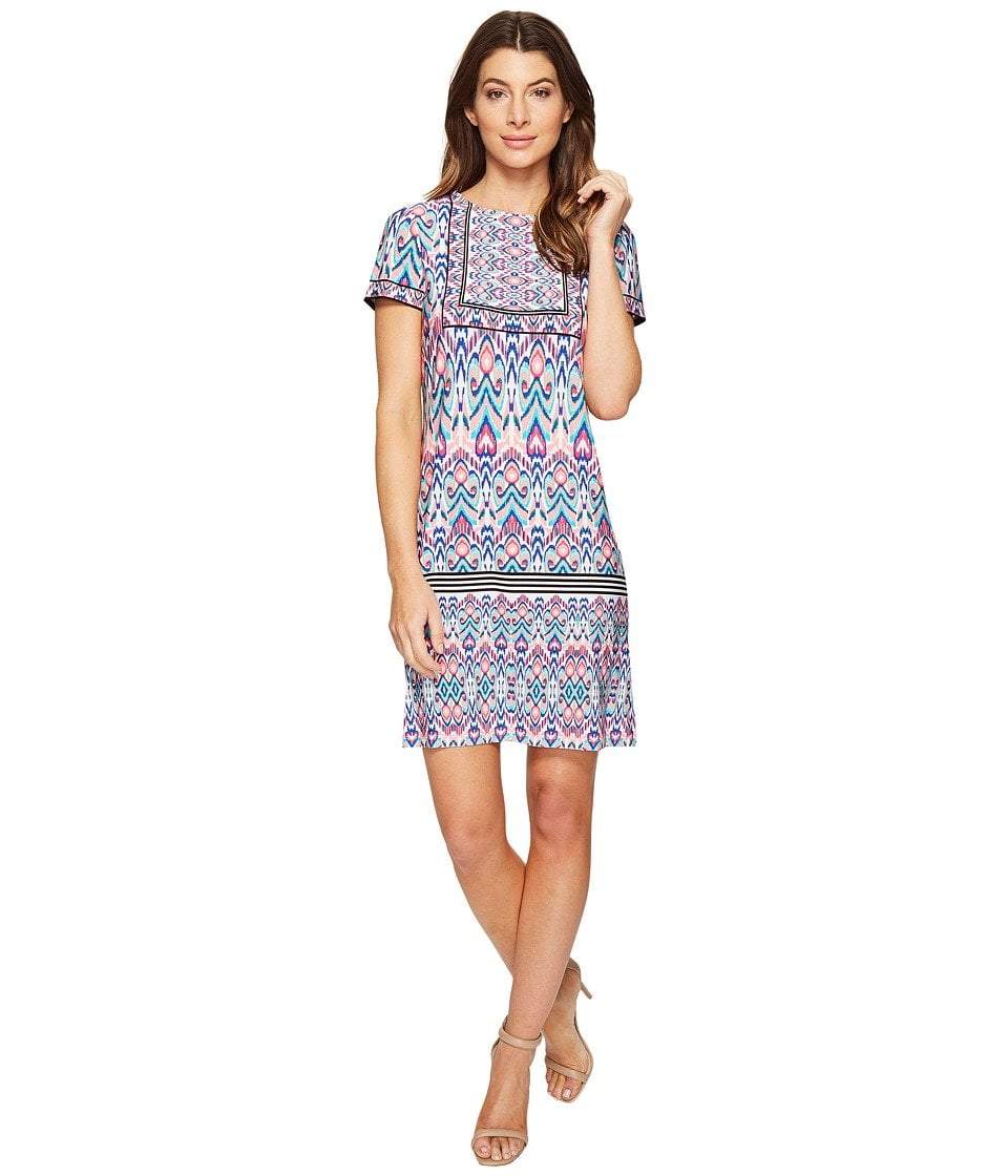 London Times - T2512M Short Sleeve Multi-Print Sheath Dress in Pink and Multi-Color