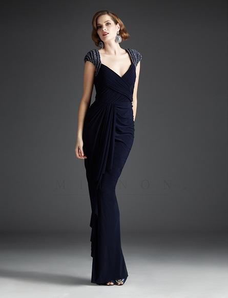 Mignon - V-Neckline Ruched Long Dress VM650 in Blue