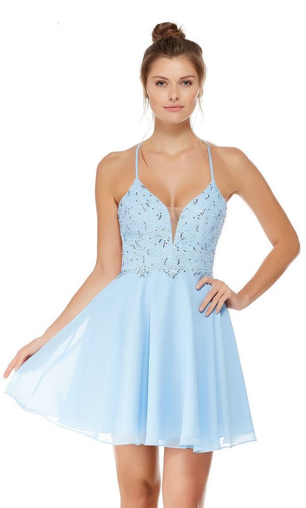 Alyce Paris - 4049 S Lace and Chiffon Cocktail Dress with Strappy Back In Blue