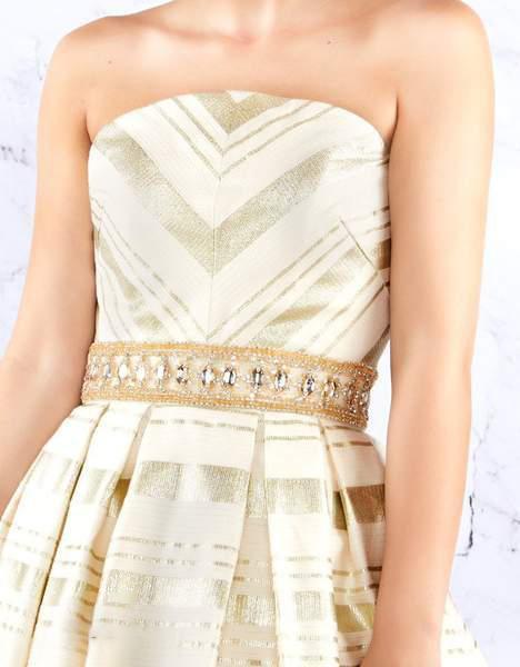 Mac Duggal Ballgowns - 40883H Straight-Across Gilt-Striped Ballgown in White and Gold