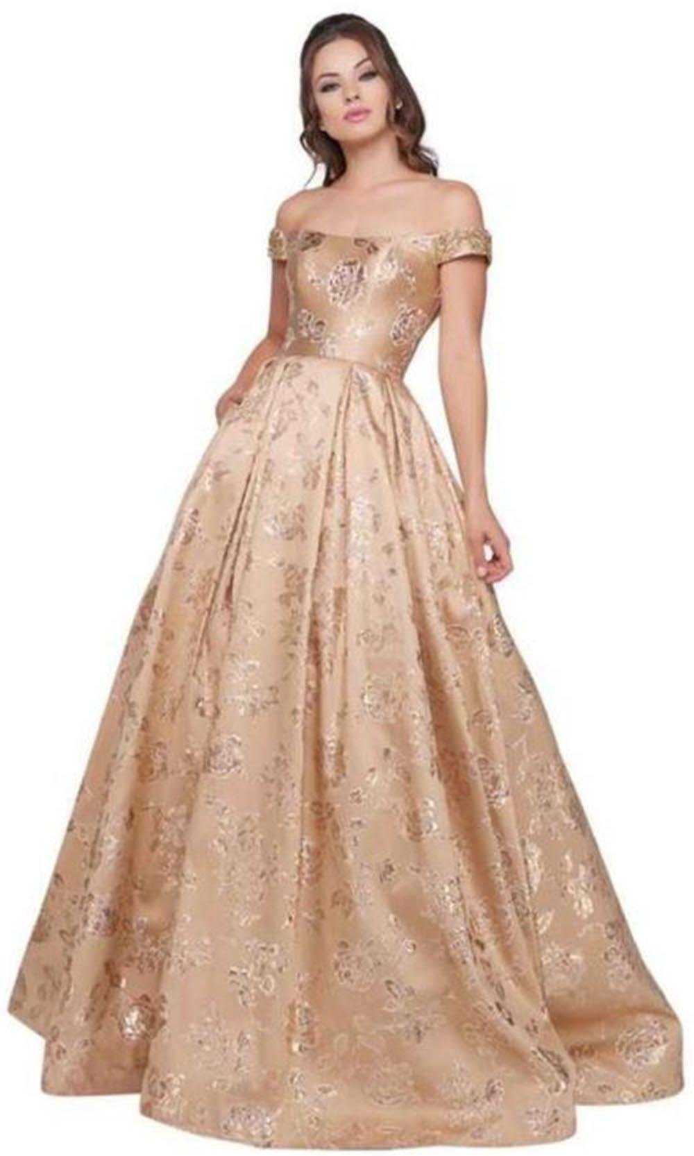 Mac Duggal - Floral Brocade Off Shoulder Gown 40893H In Neutral