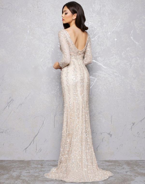 Mac Duggal - 4247D Plunging V-neck Beaded Sheath Gown  in Silver and Neutral