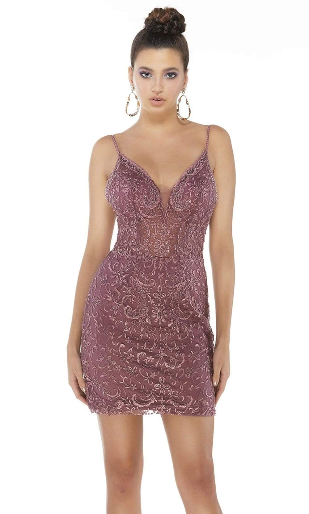 Alyce Paris - 4260 Embellished Deep V-neck Fitted Dress Wedding Guest 000 / Cassis