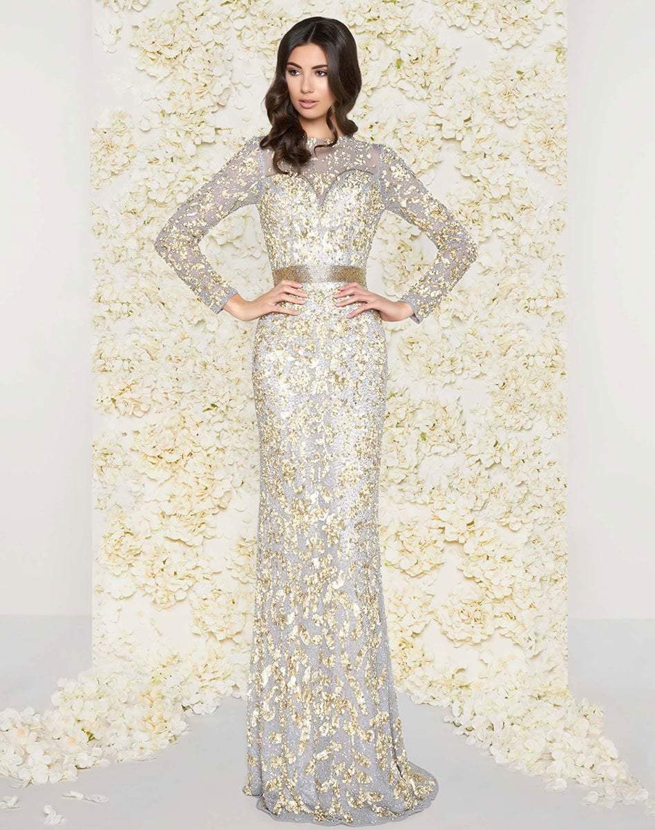 Mac Duggal - Sequined Mesh Lace Gown 4316D in Silver and Gold