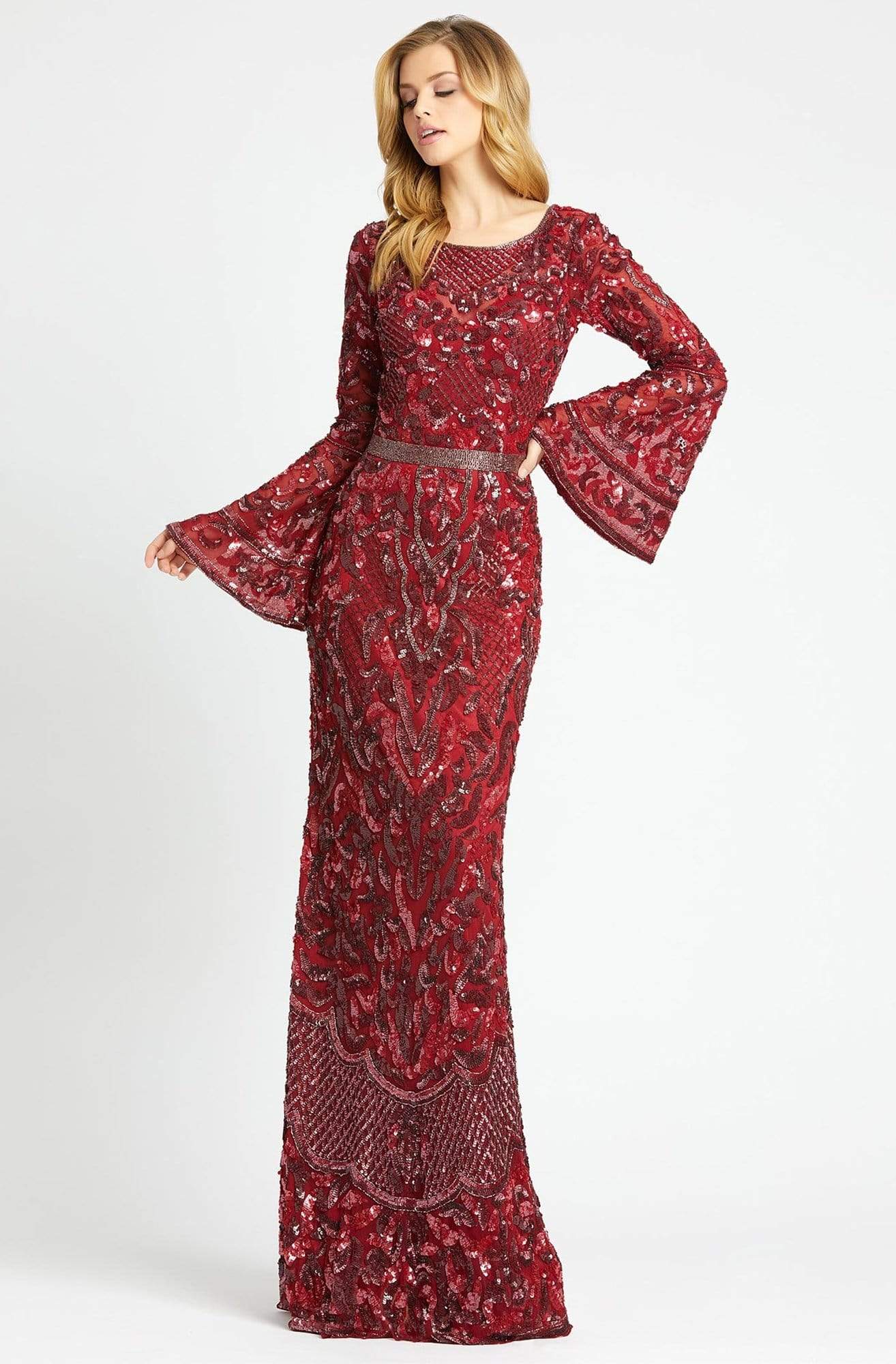 Mac Duggal - 4576R Beaded Dress with Long Bell Sleeves Special Occasion Dress 0 / Burgundy