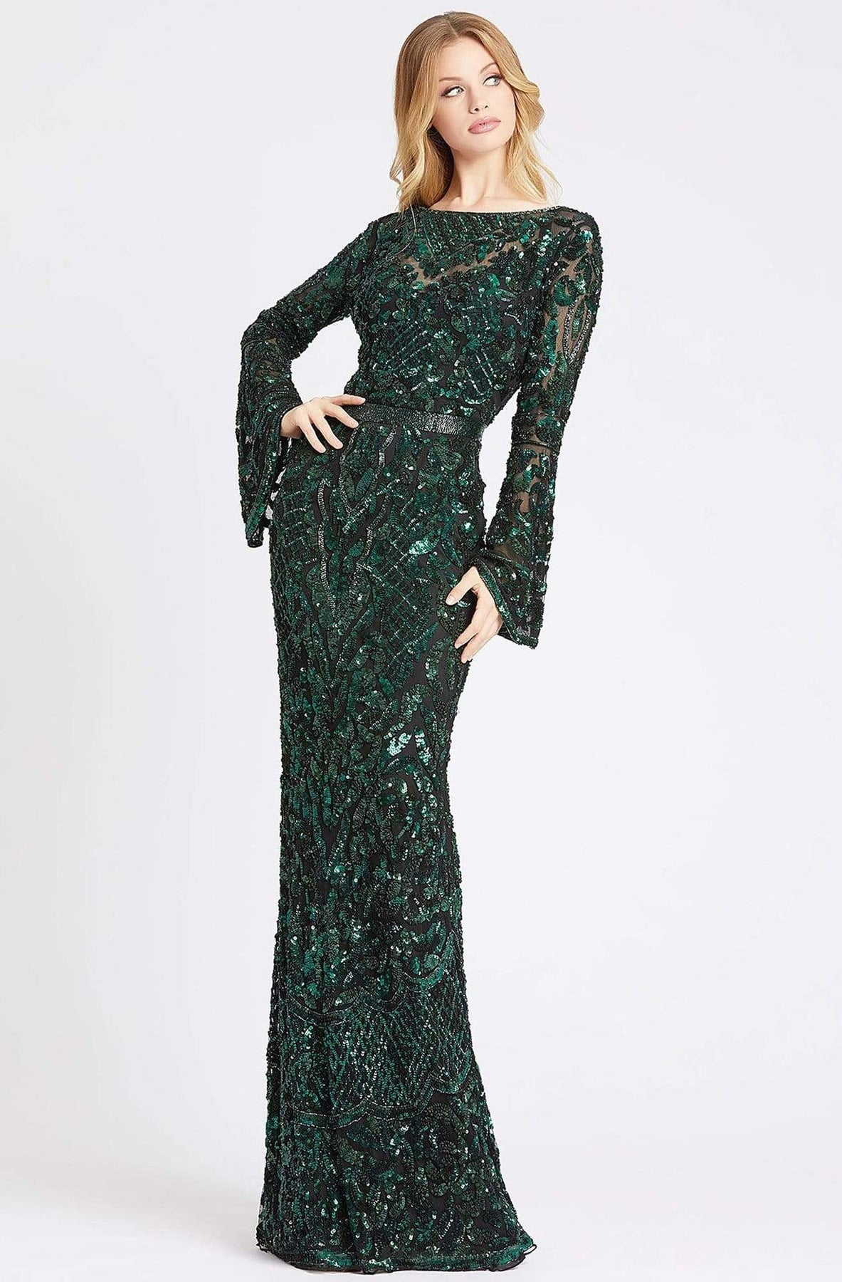 Mac Duggal Black White Red - 4576R Beaded Dress with Long Bell Sleeves in Green