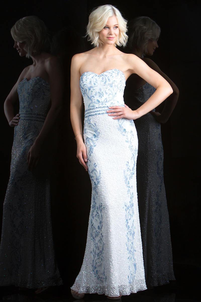 Scala - 48835 Strapless Sweetheart Scroll Ornate Sheath Gown In White and Blue