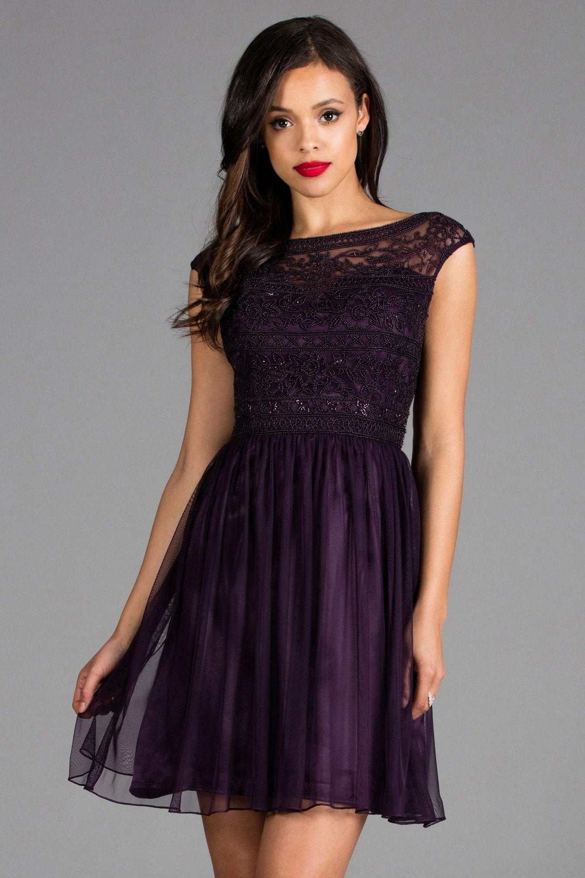 Scala - 48882 Beaded Bateau Tulle A-line Dress In Purple