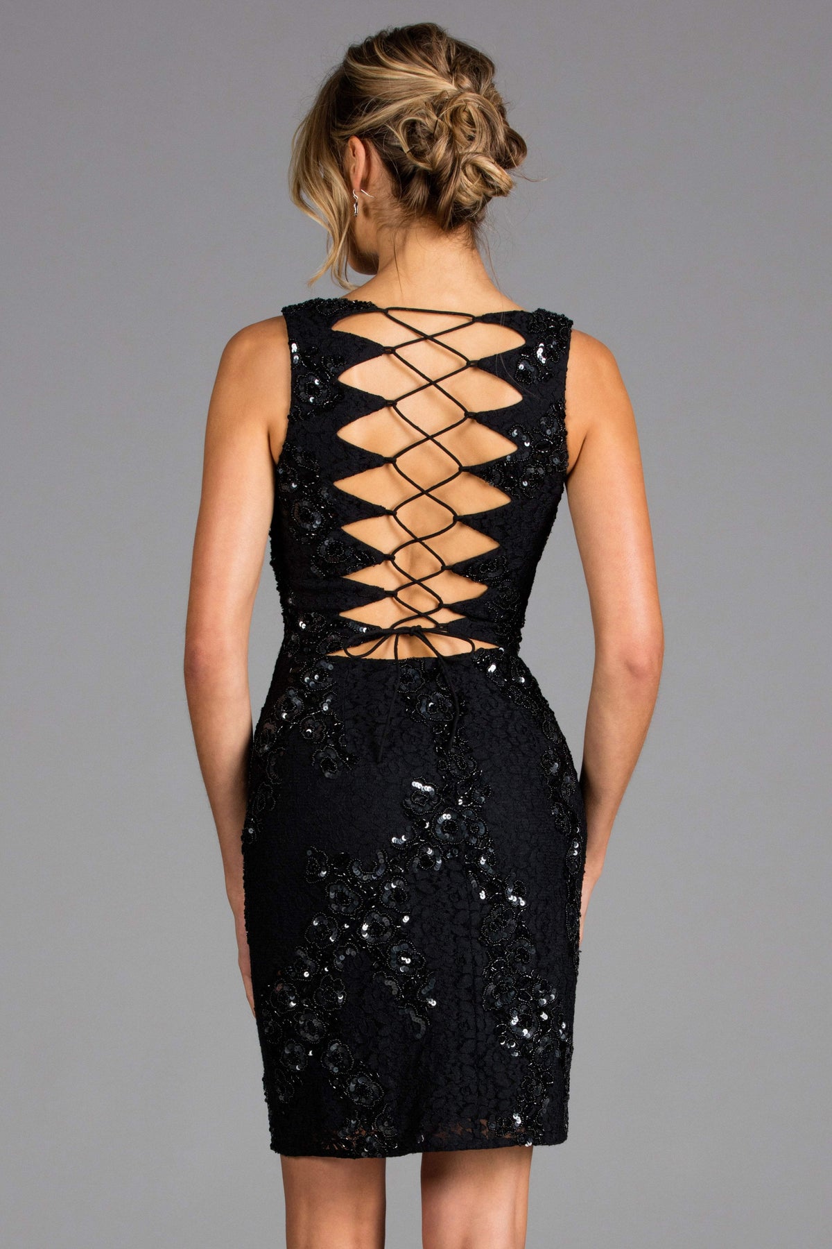 Scala - 48922 Floral Beaded Corset lace up Back Lace Cocktail Dress In Black