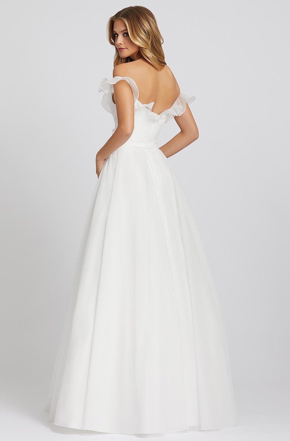 Ieena Duggal - 48942I Ruffled Off Shoulder V-Neck A-Line Gown In White