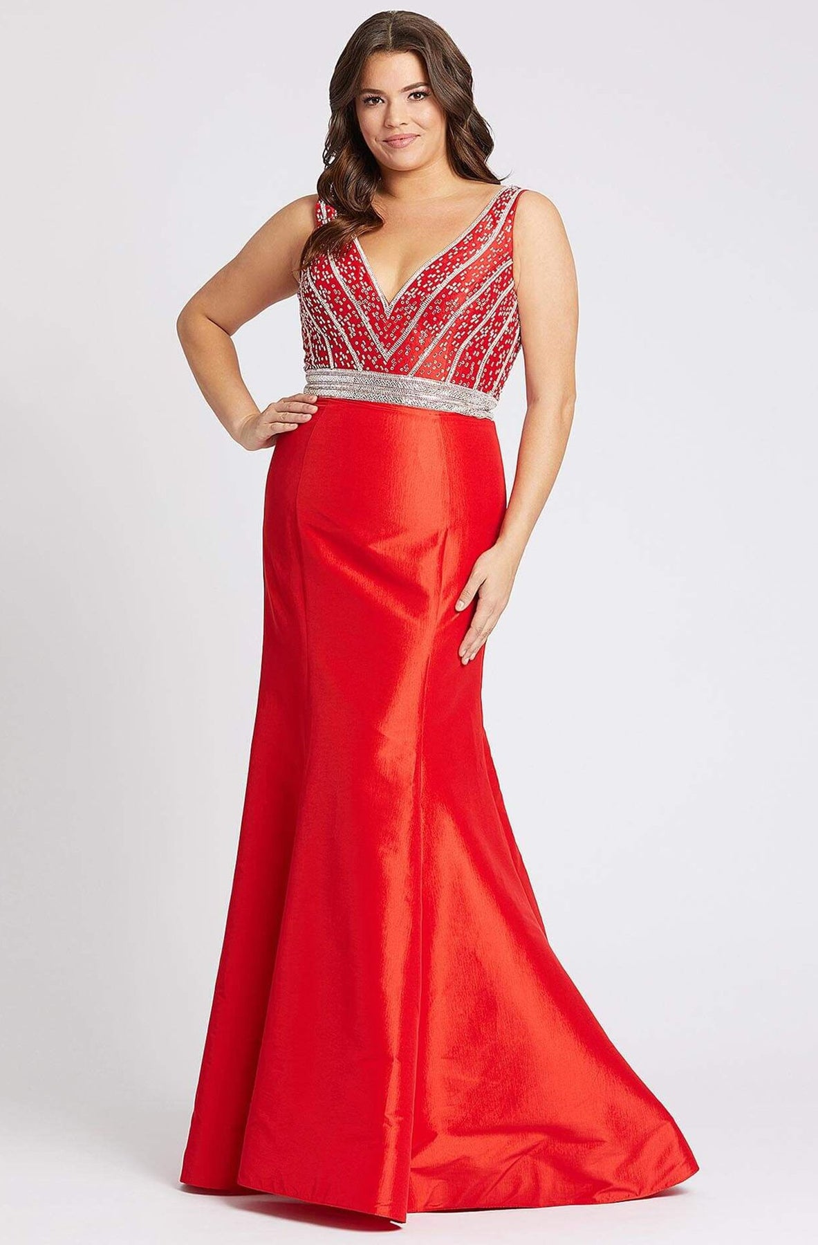Mac Duggal Fabulouss - 48997F Beaded Plunging V-neck Mermaid Dress In Red