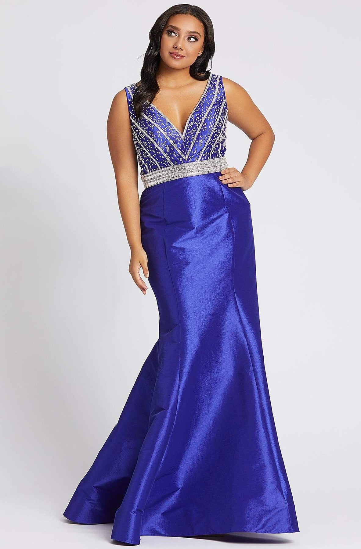 Mac Duggal Fabulouss - 48997F Beaded Plunging V-neck Mermaid Dress In Blue and Purple