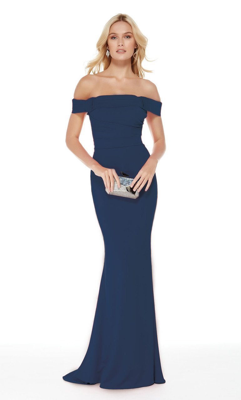 Ruched Off-Shoulder Satin Trumpet Dress in Blue