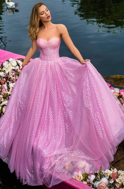 Tarik Ediz - 50617 Strapless Corset Bodice Chiffon Gown Prom Dresses 0 / Pink