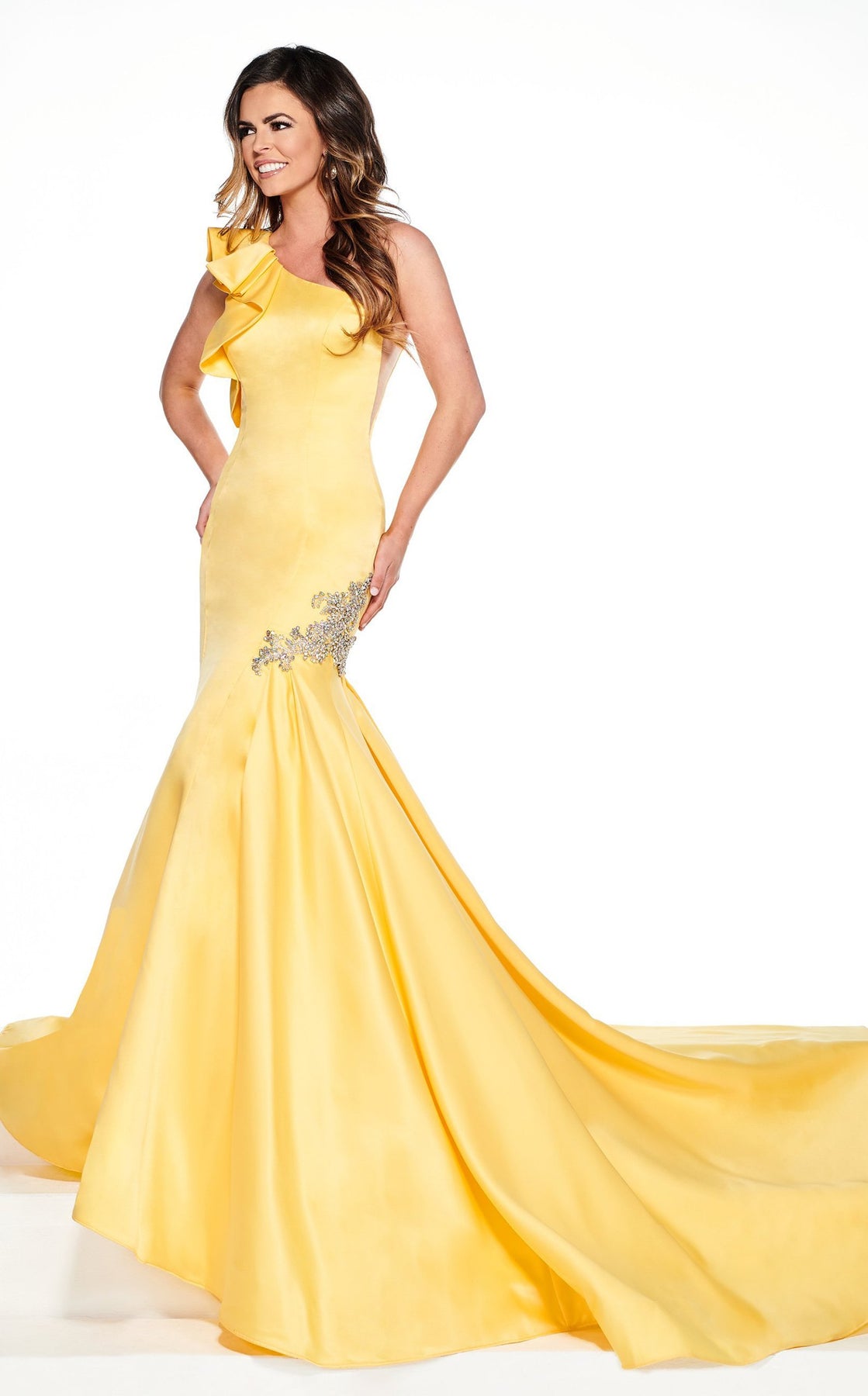 Rachel Allan Primadonna - 5084 Ruffled One Shoulder Satin Mermaid Gown In Yellow