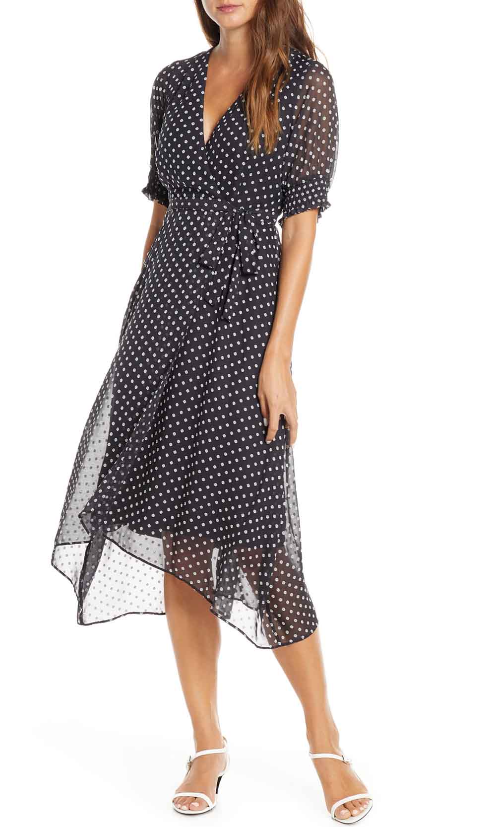 Maison Tara - 95109M Tea Length Polkadot Faux Wrap Dress In Blue and Print