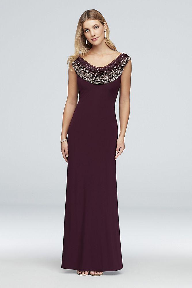 Cachet 56736Q - Long Sheath Dress - Jersey, Cowl Design, Bead Studded, Cap Sleeves, Low Cowl Back, Side Zipper Closure, Full Length Hem ADASA Cachet 56736Q - Long Sheath Dress - Jersey, Cowl Design, Bead Studded, Cap Sleeves, Low Cowl Back, Side Zipper Closure, Full Length Hem ADASA