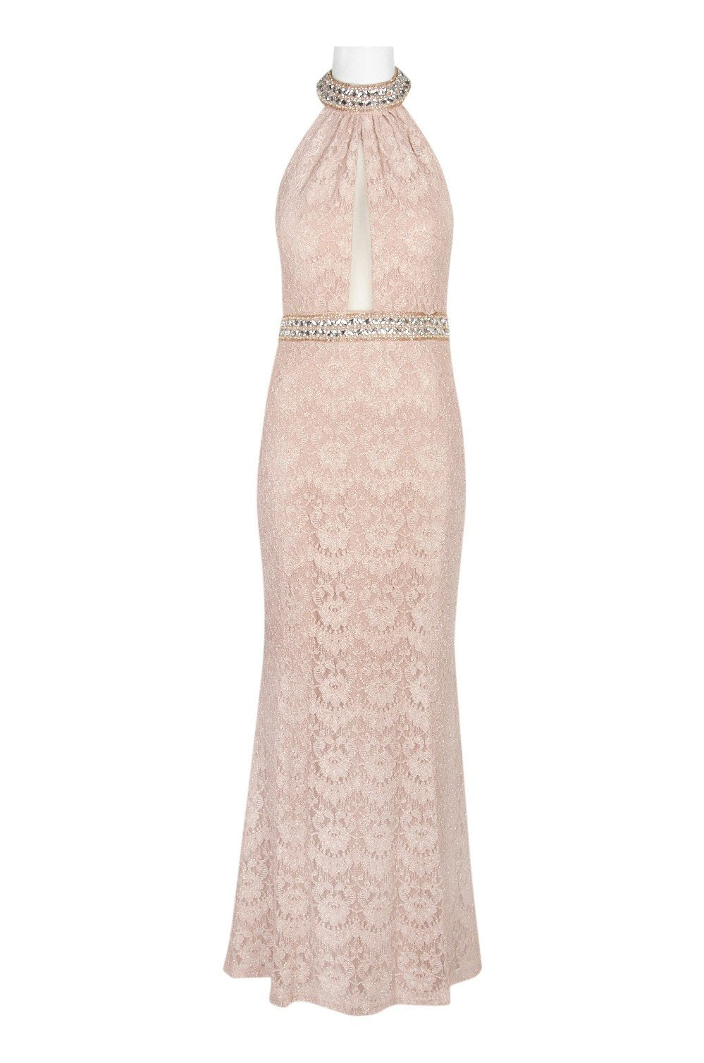 Cachet - 57808 Jeweled Collar Halter Lace Gown In Neutral