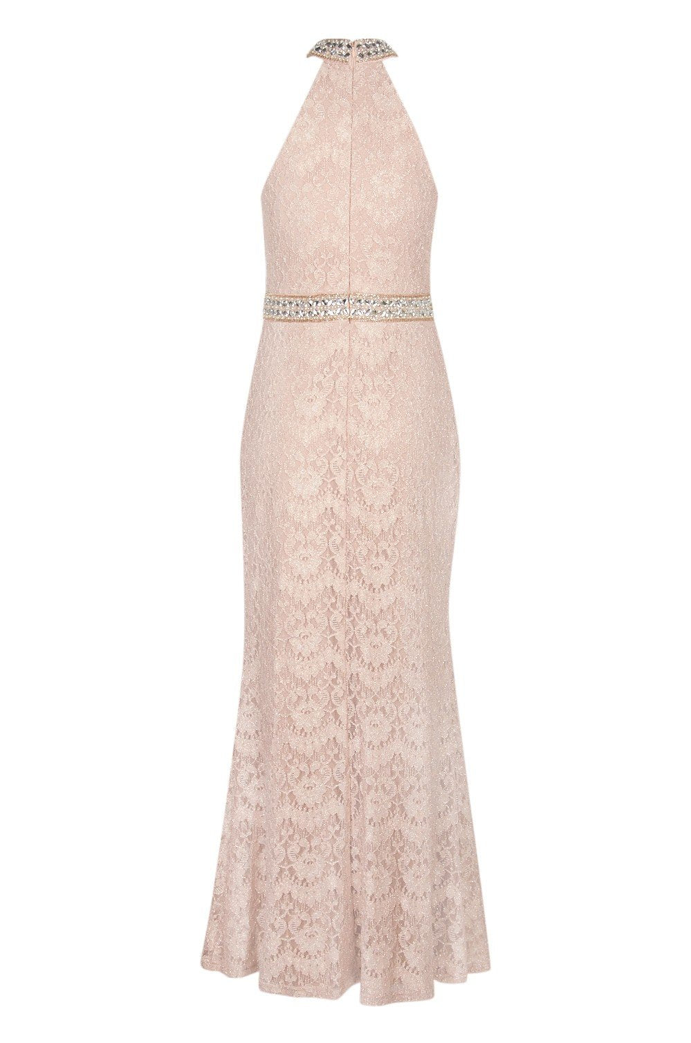 Cachet - 57808 Jeweled Collar Halter Lace Gown In Neutral