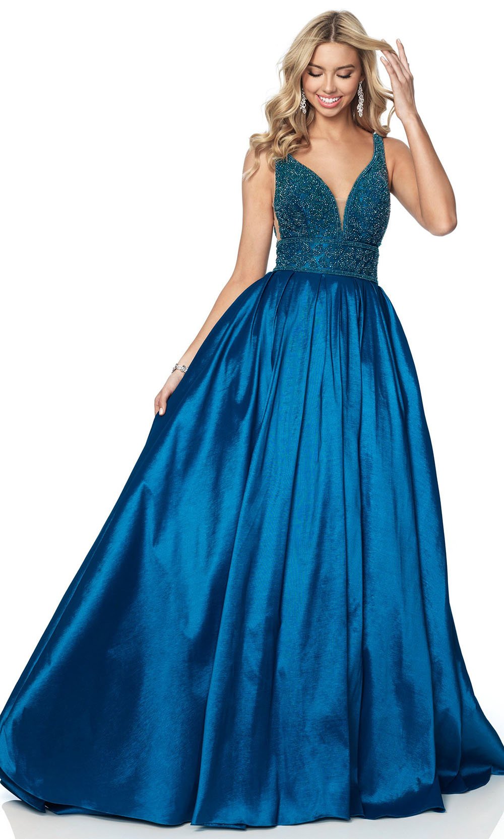 Pink by Blush - Sleeveless Beaded Bodice Stretch Taffeta Gown 5836SC In Blue