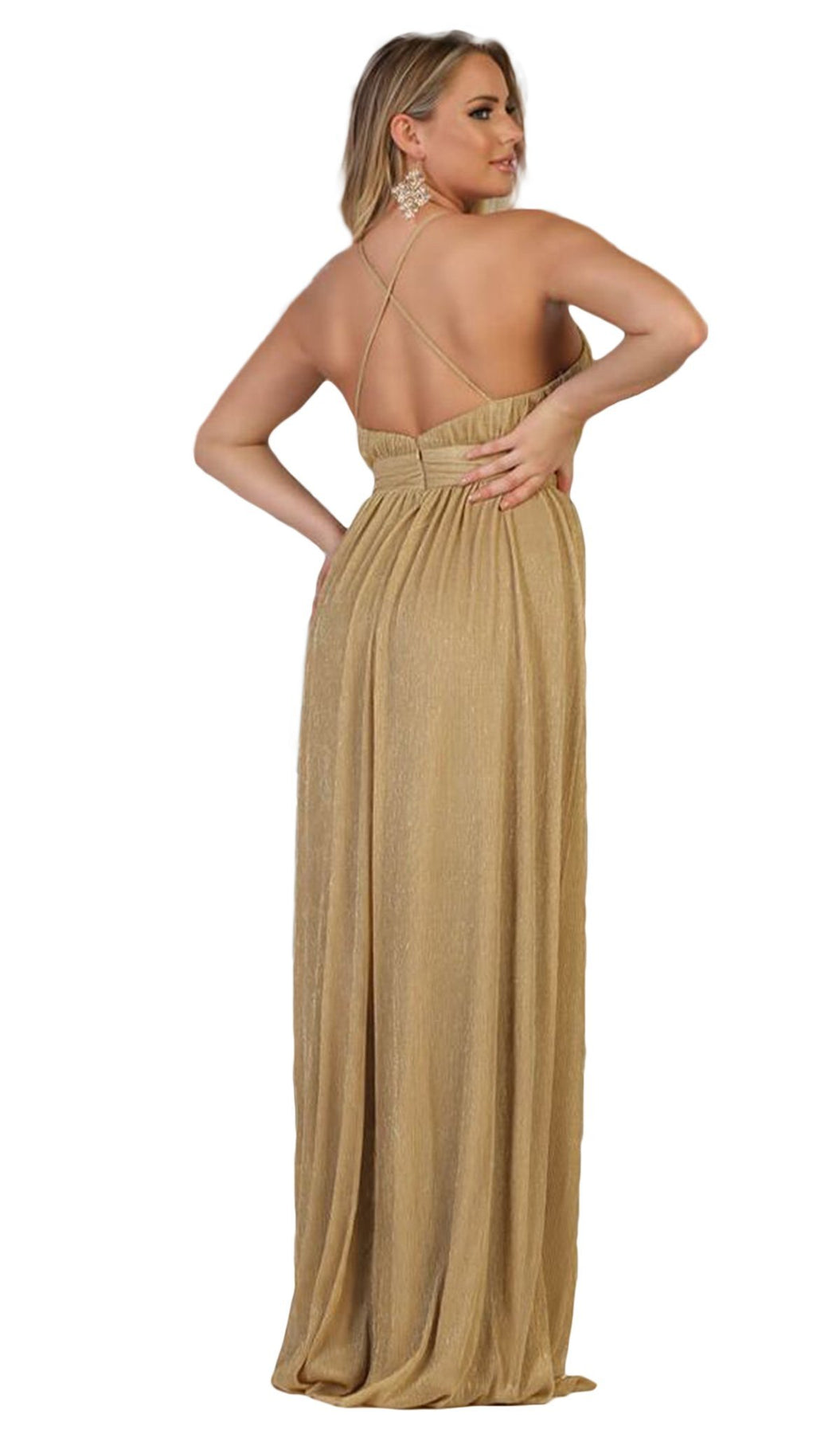 May Queen - Plunging V-Neck Pleated A-Line Dress MQ1635  In Gold