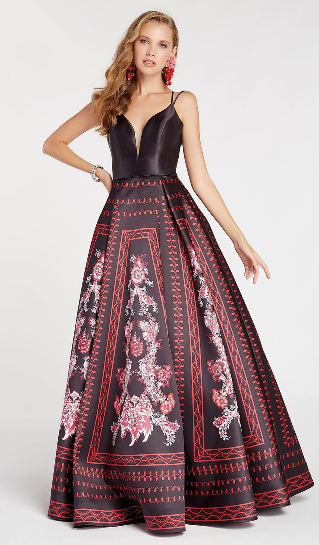 Alyce Paris - 60412 Plunging V-Neck Pleated Printed Ballgown In Red
