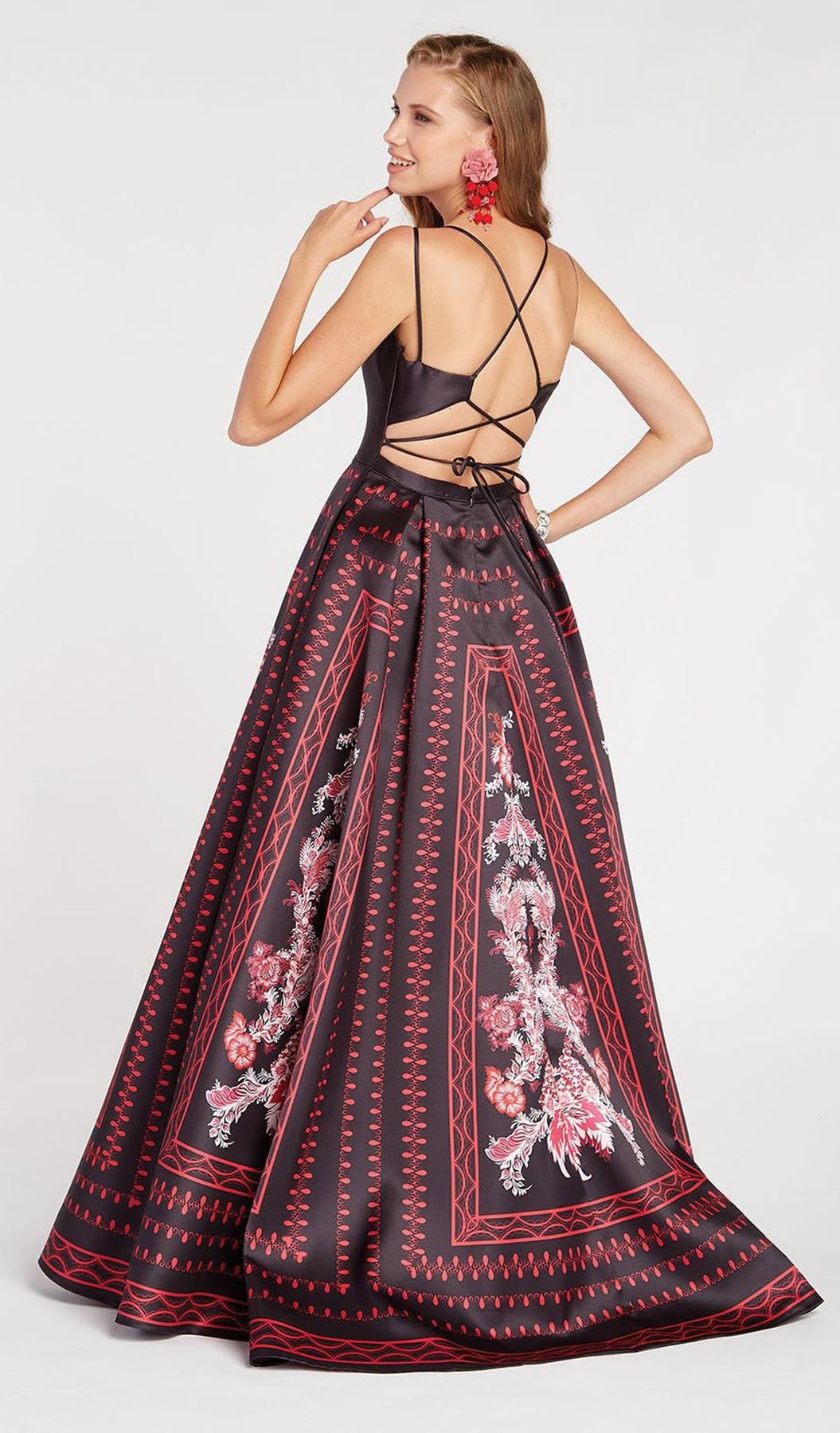 Alyce Paris - 60412 Plunging V-Neck Pleated Printed Ballgown In Red
