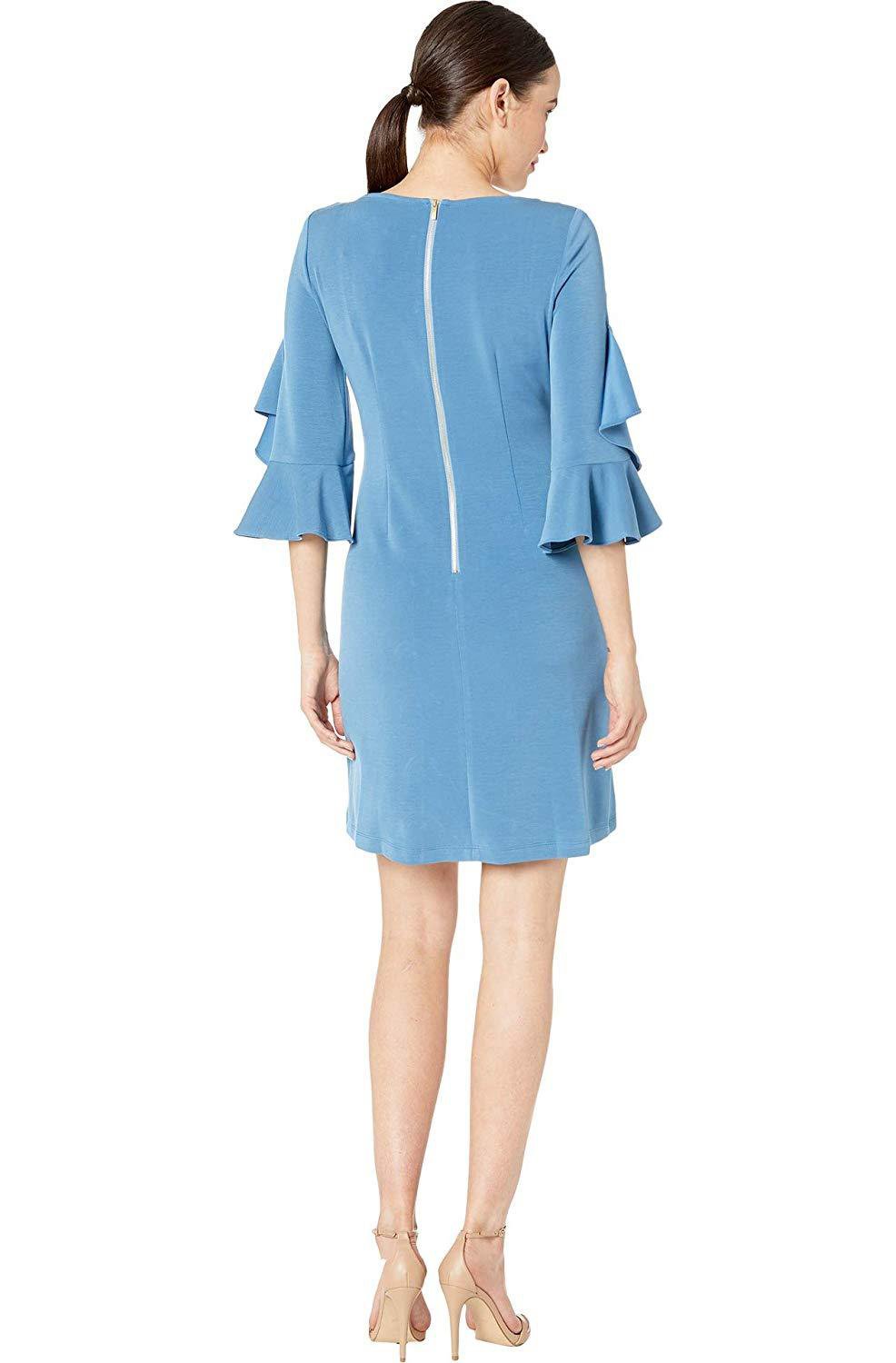 Taylor - 1428M Three Quarter Length Ruffled Sleeve Shift Dress In Blue