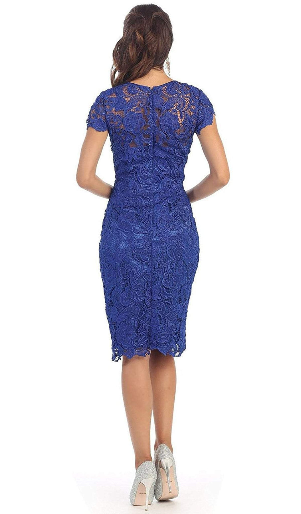 May Queen - Jewel Short Sleeves Scalloped Lace Cocktail Dress In Blue