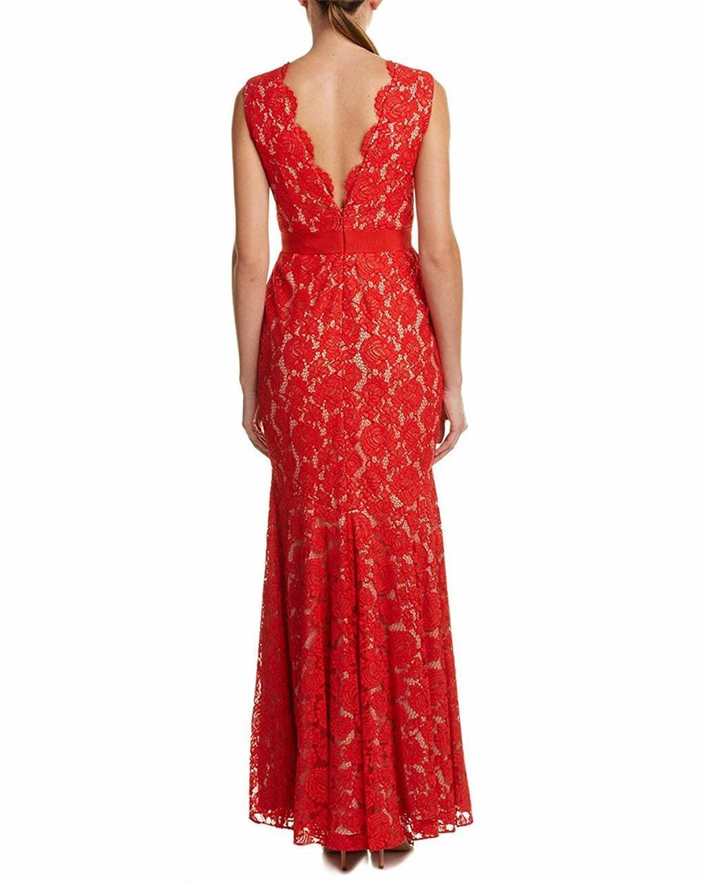Theia - 883183 Floral Lace Scalloped V-neck Trumpet Dress in Red and Neutral
