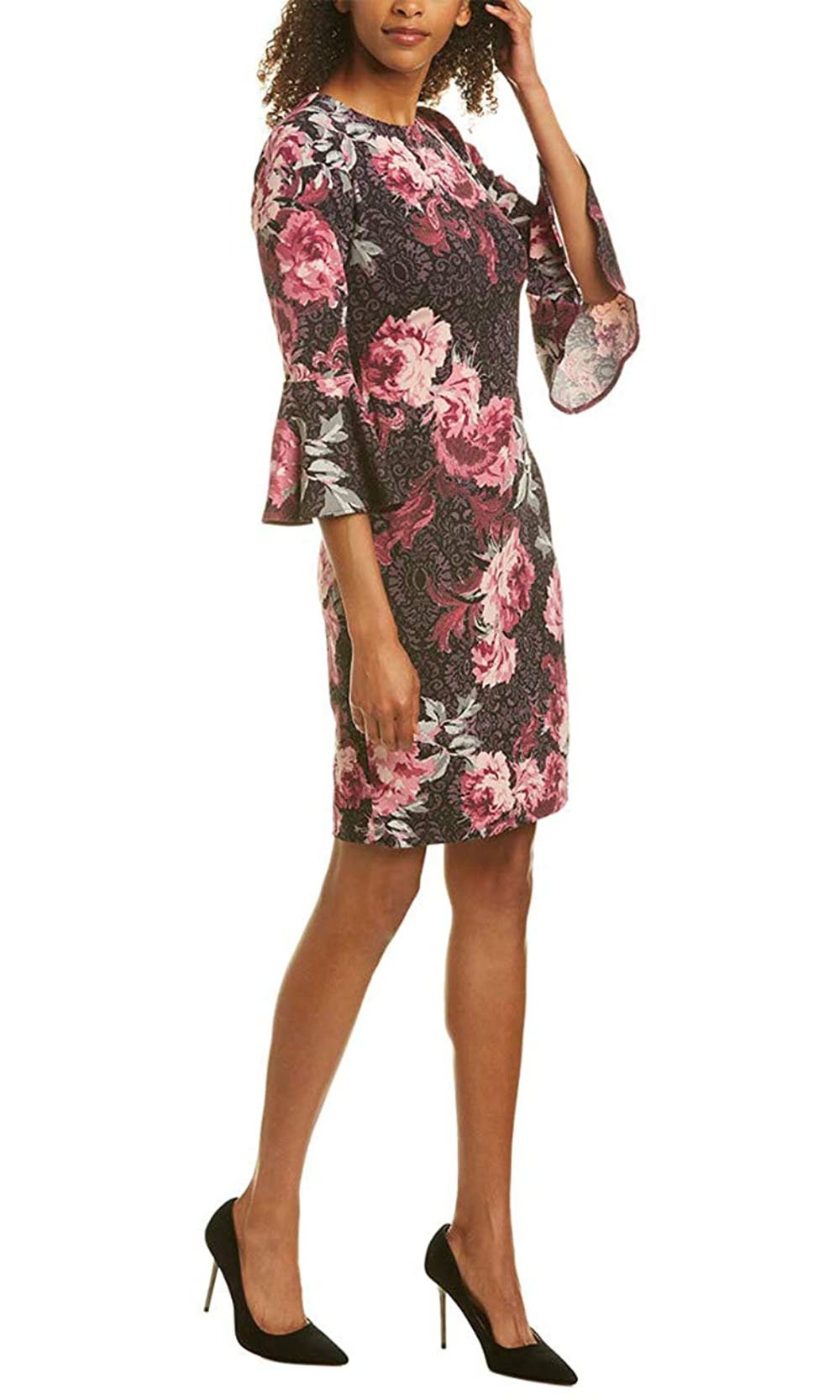 London Times - T4663M Flounce Sleeve Floral Print Sheath Dress In Black and Pink
