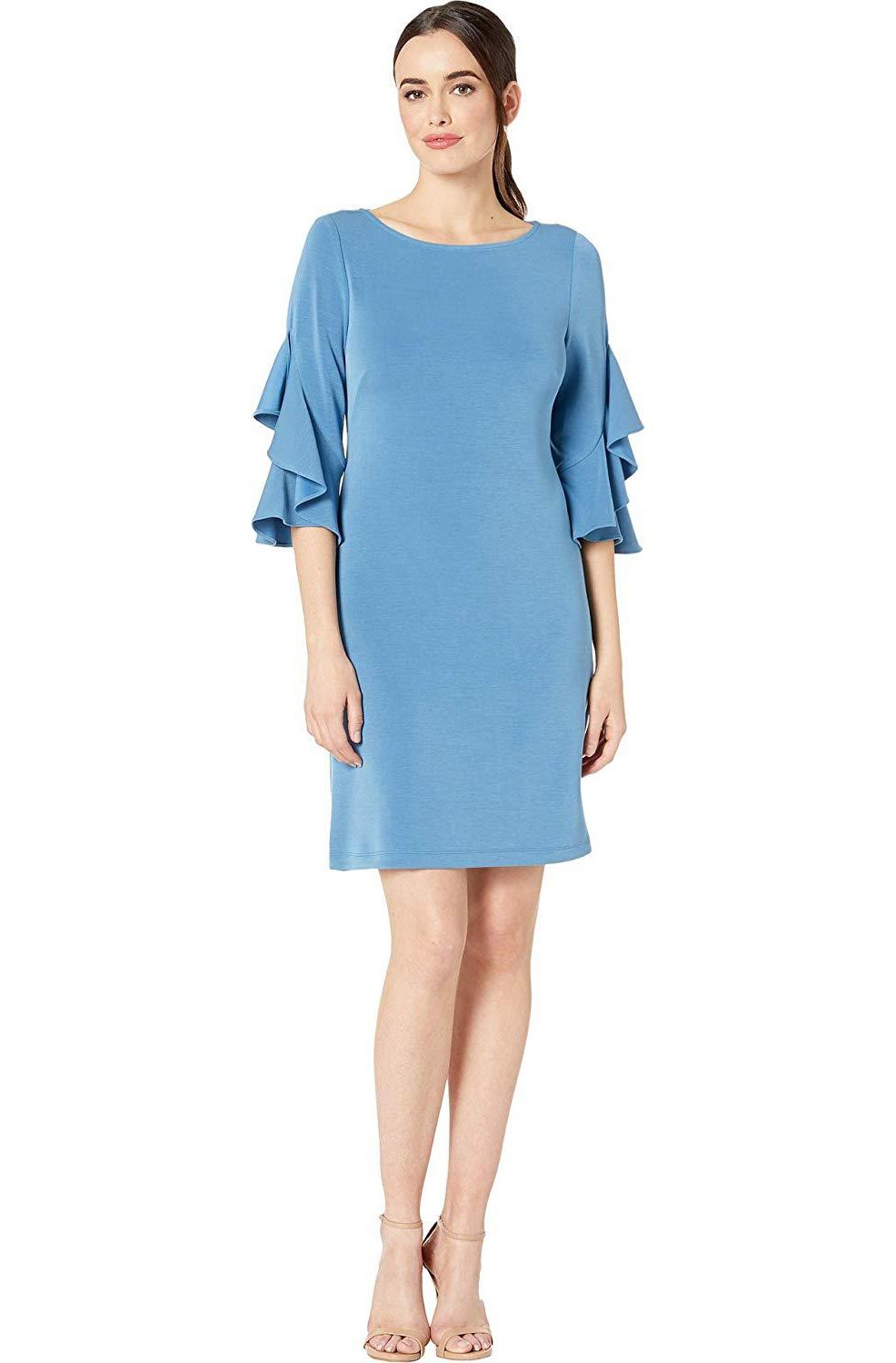 Taylor - 1428M Three Quarter Length Ruffled Sleeve Shift Dress In Blue