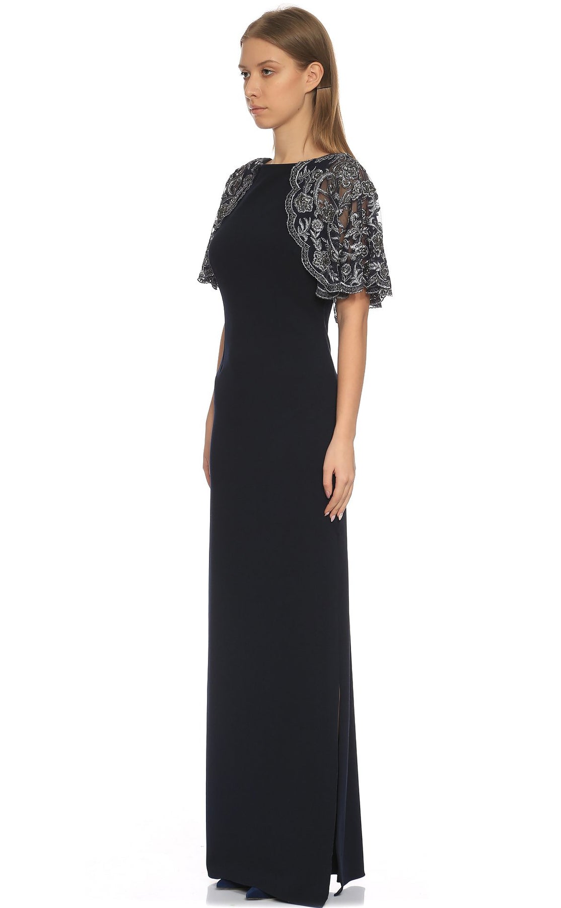 Aidan Mattox - MD1E200947 Embellished Short Sleeves Bateau Dress In Blue