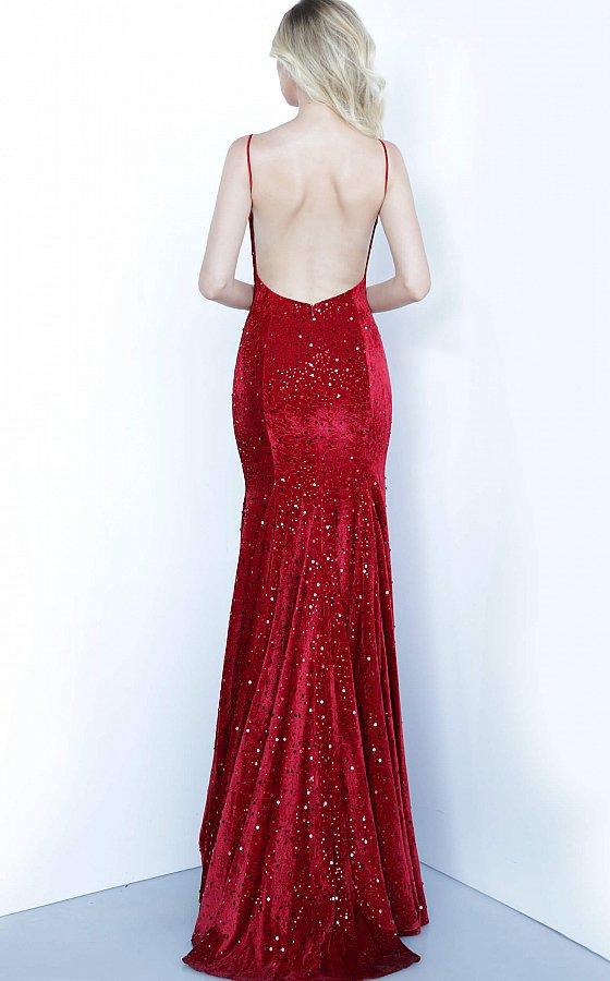 Jovani - 63895 Embellished Plunging V-neck Trumpet Dress In Red